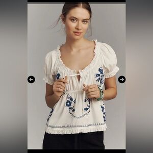 White Embroidered Puff-Sleeve Peasant Top - Anthropologie